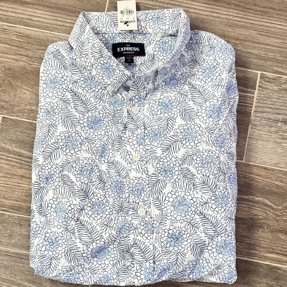 EXPRESS Men's Blue Floral Slim Fit Long Sleeved Shirt size Large Slim - Picture 2 of 7